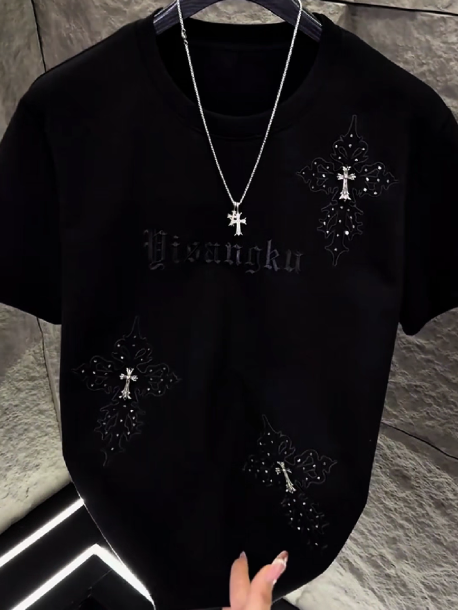 Men's Rhinestone Cross Embroidery Tee