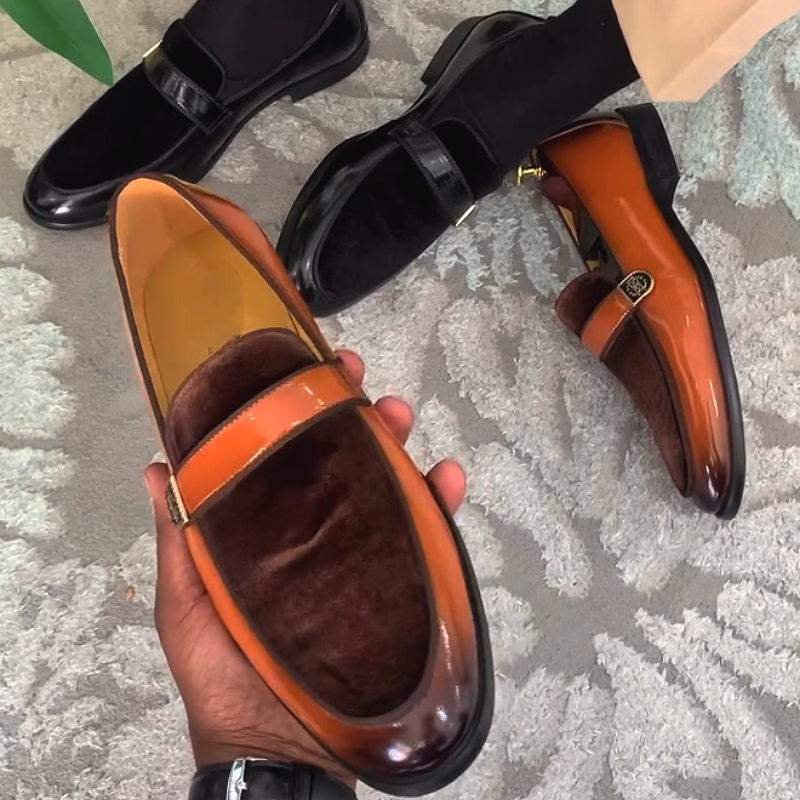 Men's Shiny Leather Loafers with Buckle Strap
