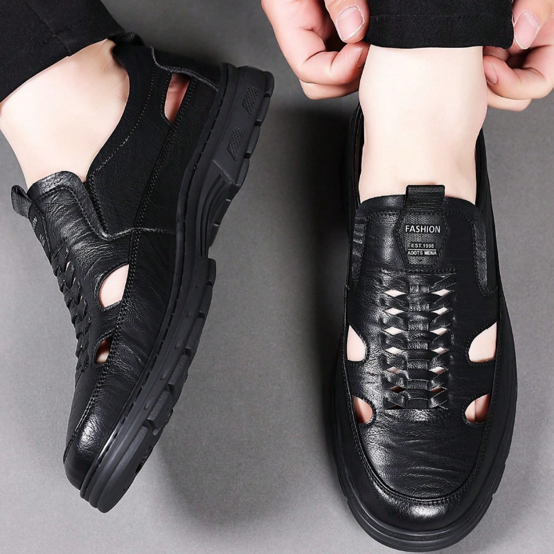 Leather Sandal Shoes with Breathable Cut-Out Design