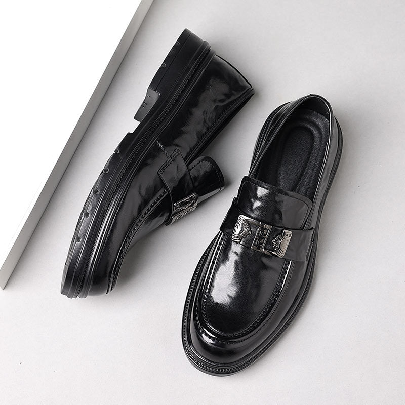 Formal Leather Loafers with Embossed Buckle Strap