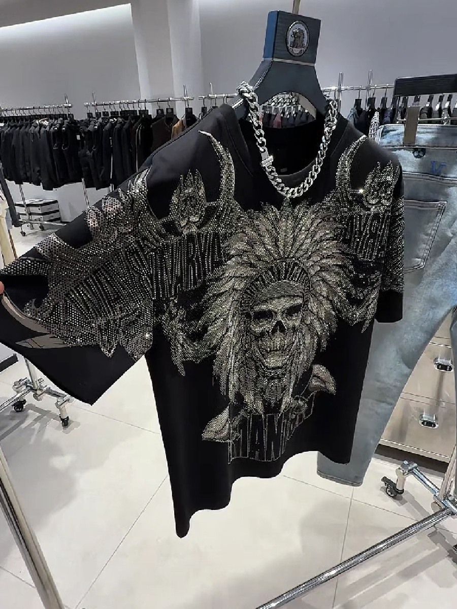 Men's Rhinestone Skull Chief Graphic T-Shirt