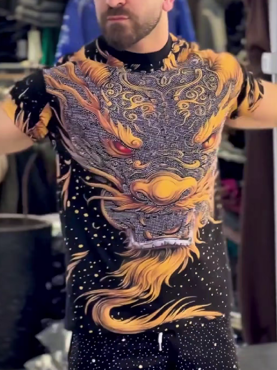 Men's Dragon Print Rhinestone T-Shirt