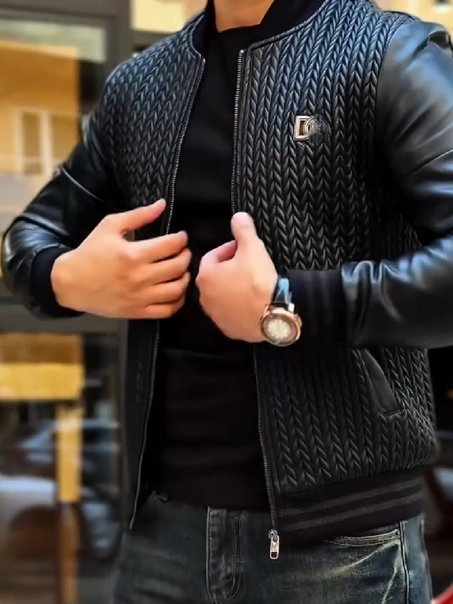 Quilted Stitch Leather Sleeve Jacket