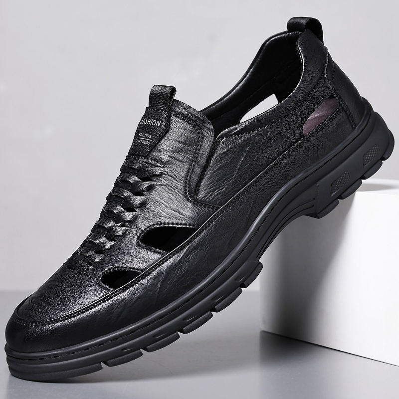 Leather Sandal Shoes with Breathable Cut-Out Design