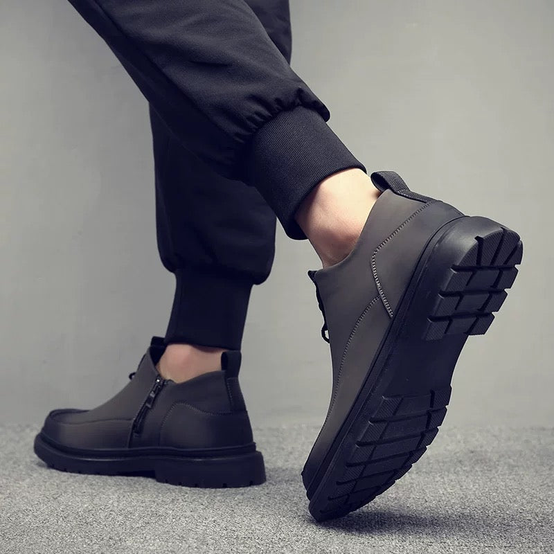 Men's Leather Zip-Up Casual Boots with Thick Sole