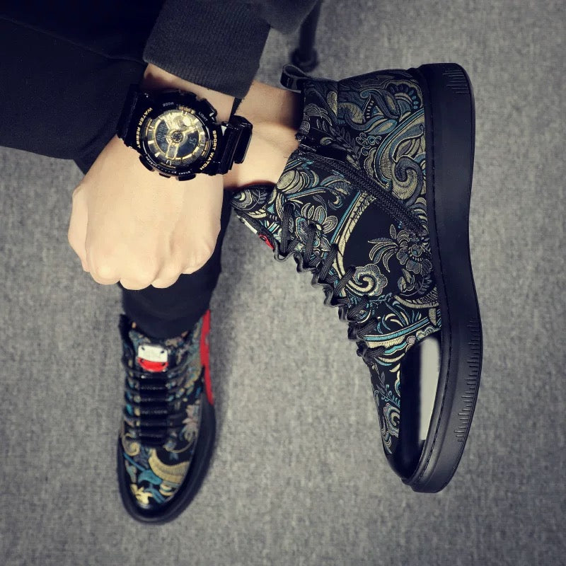 Men's Patterned High-Top Lace-Up Casual Boots