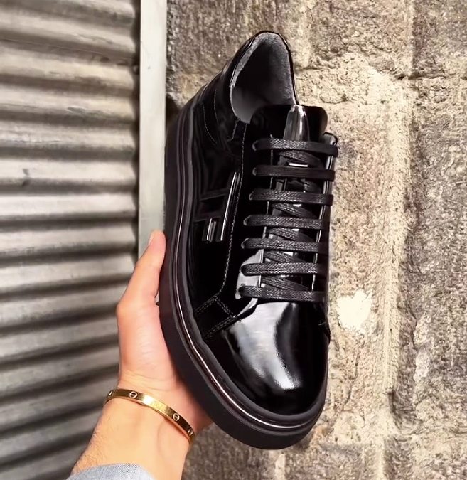 Men's Leather Sneakers with Reflective Logo Detail