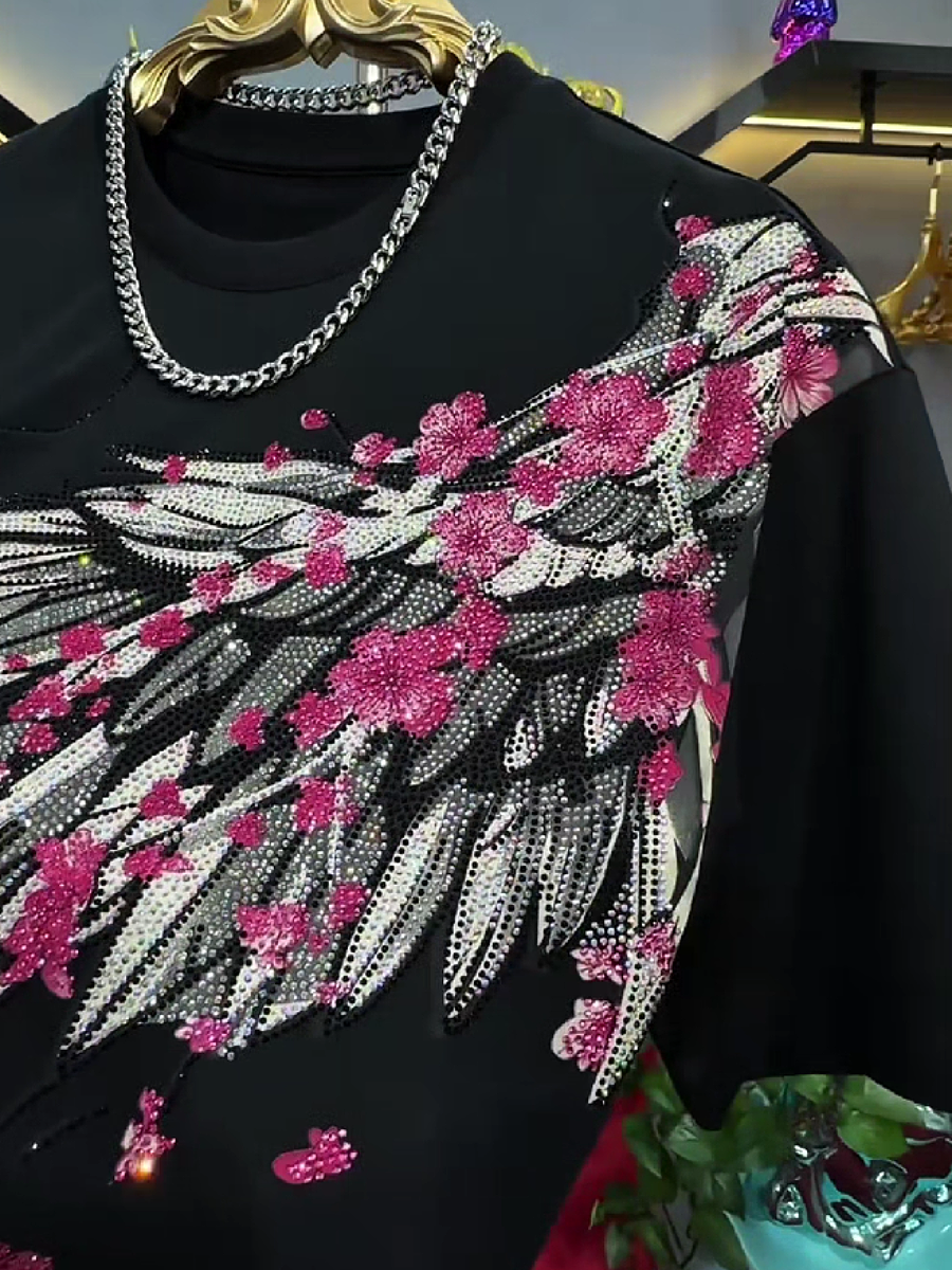 Men's Rhinestone Floral Wings Graphic T-Shirt