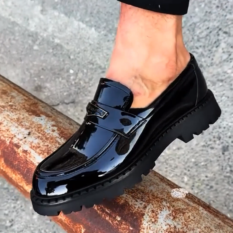Men's Shiny Leather Loafers with Chunky Sole