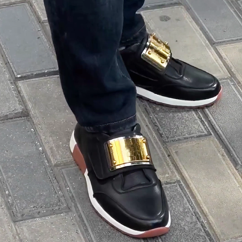 Men's Leather Slip-On Sneakers with Buckle Strap