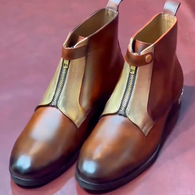 Men's Leather Boots with Zipper and Buckle Strap