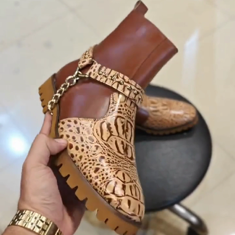 Crocodile Print Chain Detail Ankle Boot