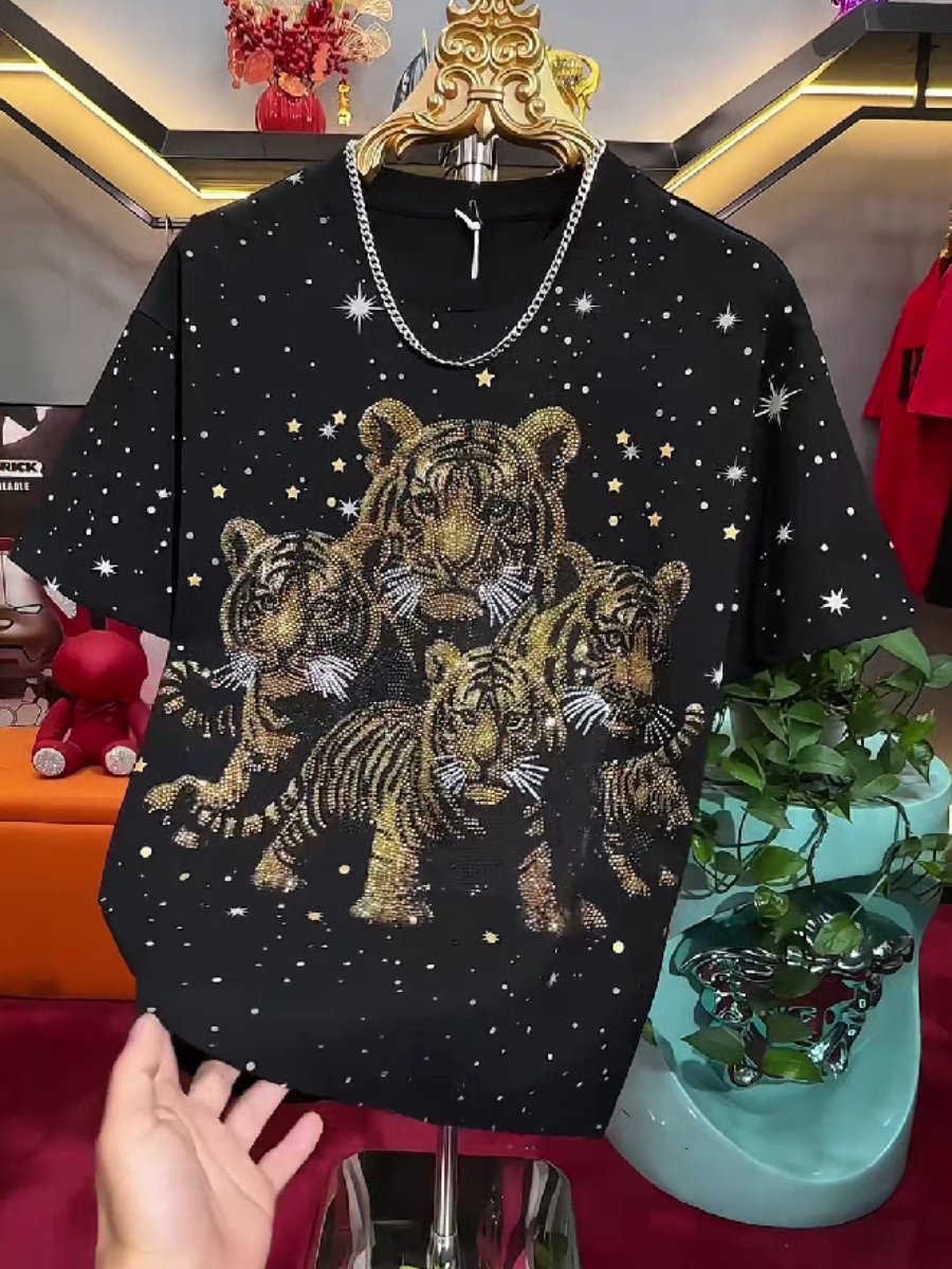 Men's Rhinestone Tiger Star Graphic T-Shirt
