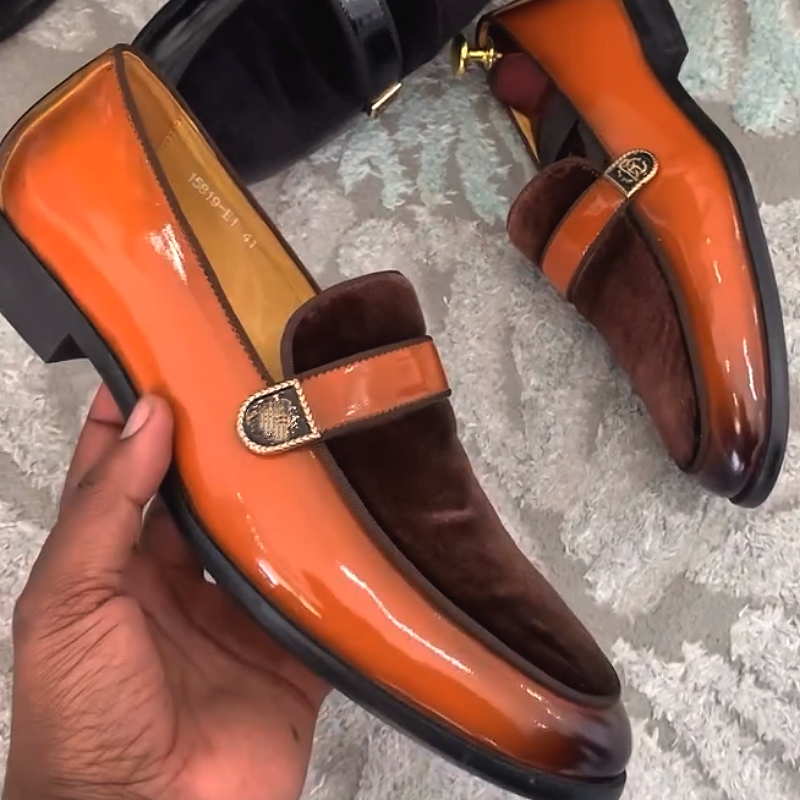 Men's Shiny Leather Loafers with Buckle Strap