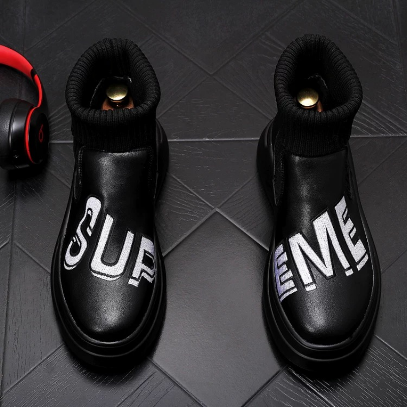 Men's Knit Cuff Slip-On Boots with Embroidered Letters