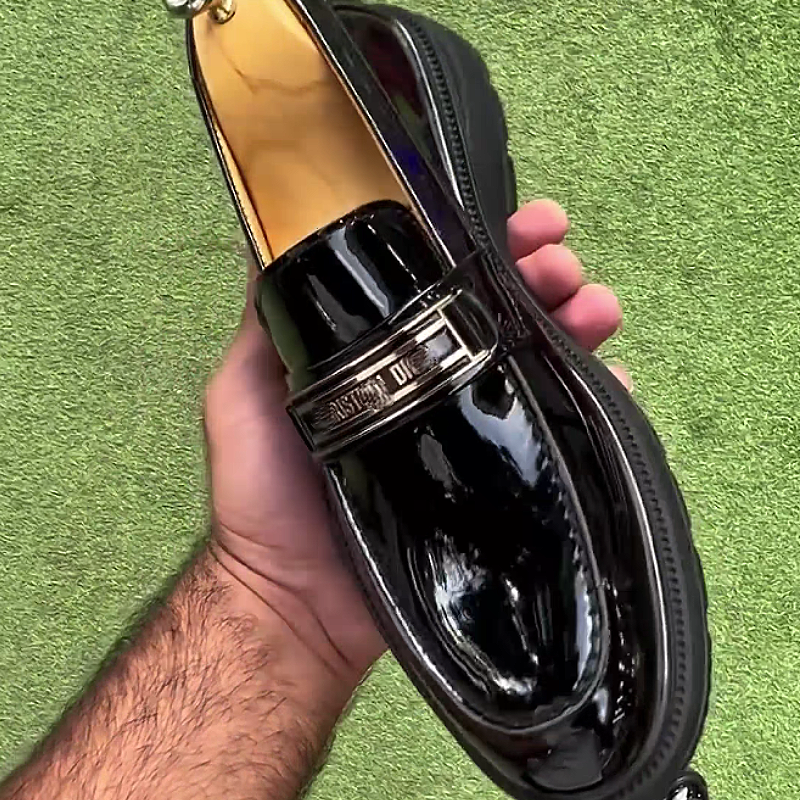 Men's Shiny Leather Loafers with Embossed Strap