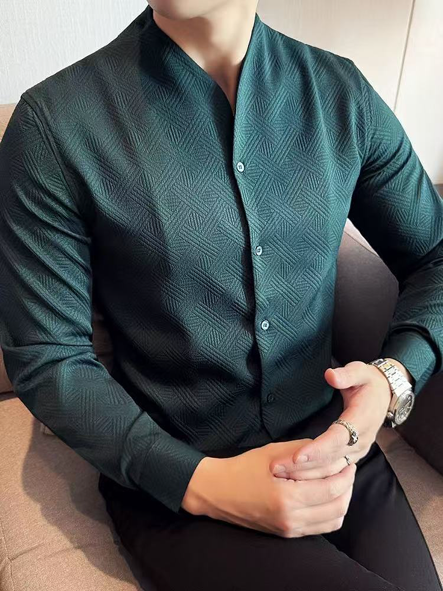Textured Stand Collar Long Sleeve Shirt