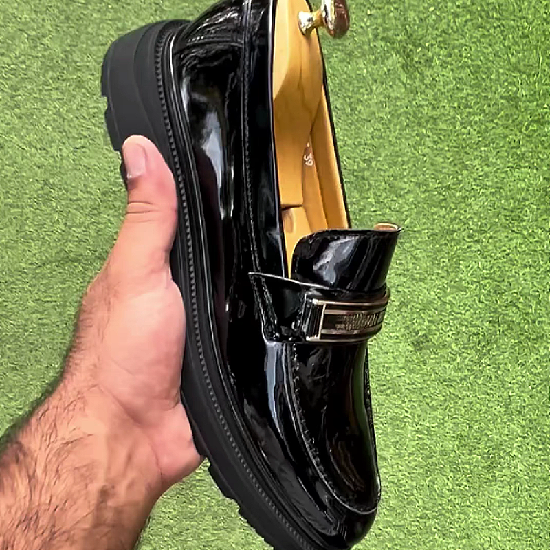 Men's Shiny Leather Loafers with Embossed Strap