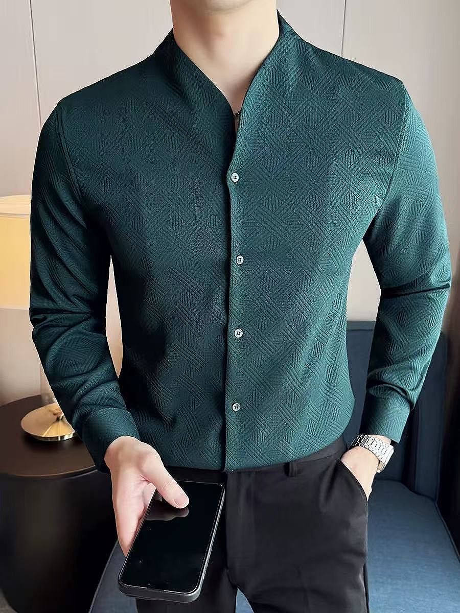Textured Stand Collar Long Sleeve Shirt