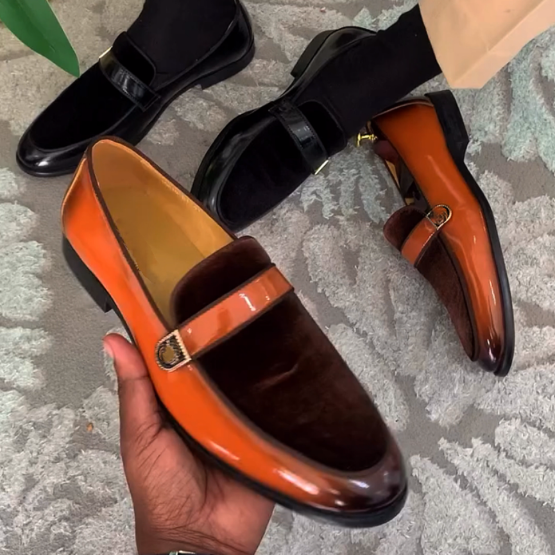 Men's Shiny Leather Loafers with Buckle Strap