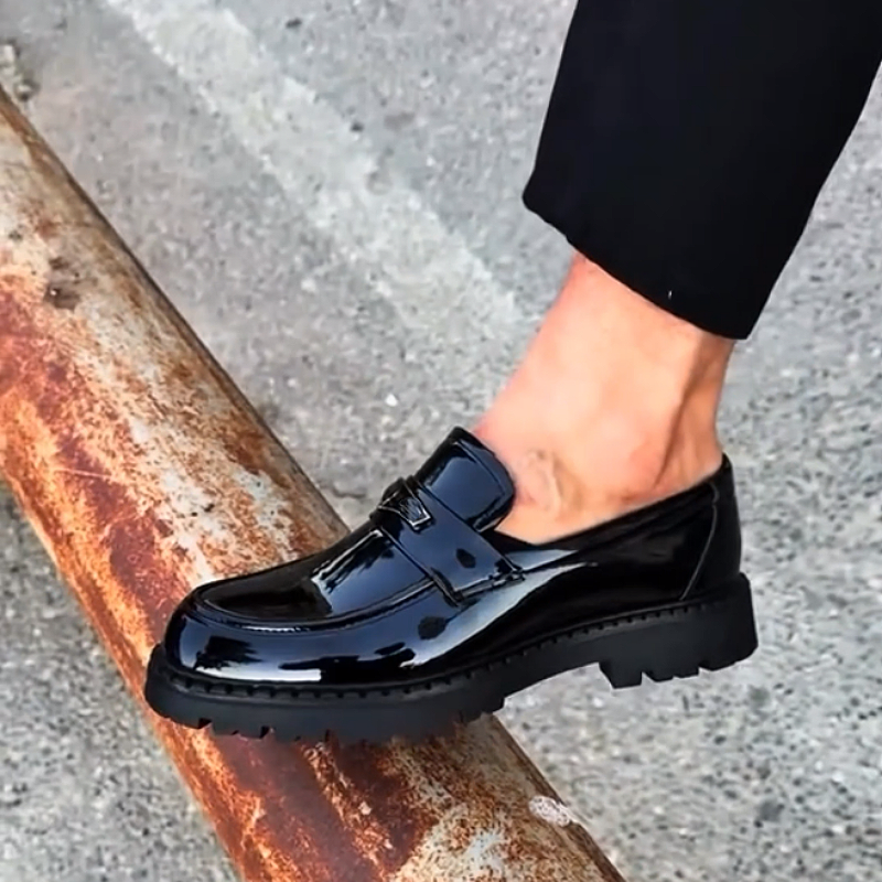 Men's Shiny Leather Loafers with Chunky Sole