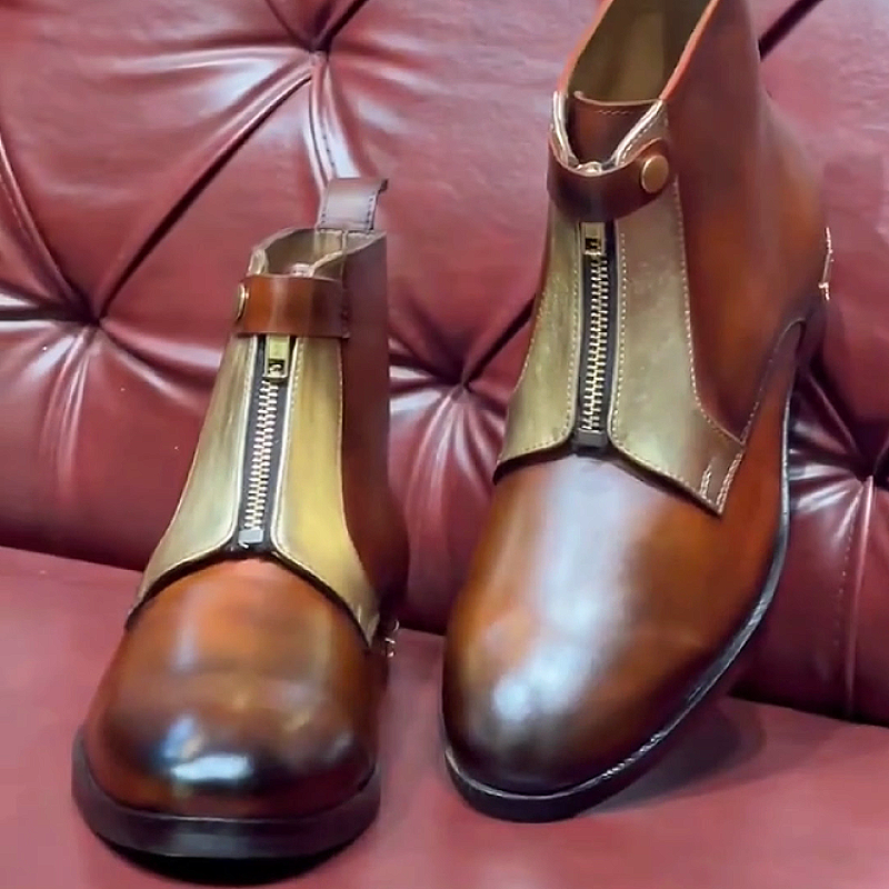 Men's Leather Boots with Zipper and Buckle Strap