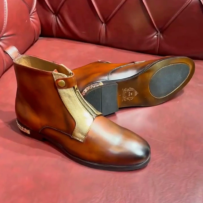 Men's Leather Boots with Zipper and Buckle Strap