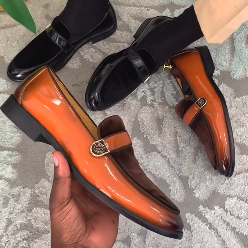 Men's Shiny Leather Loafers with Buckle Strap