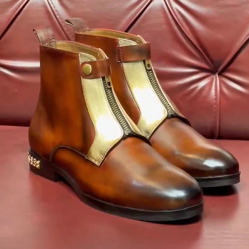 Men's Leather Boots with Zipper and Buckle Strap