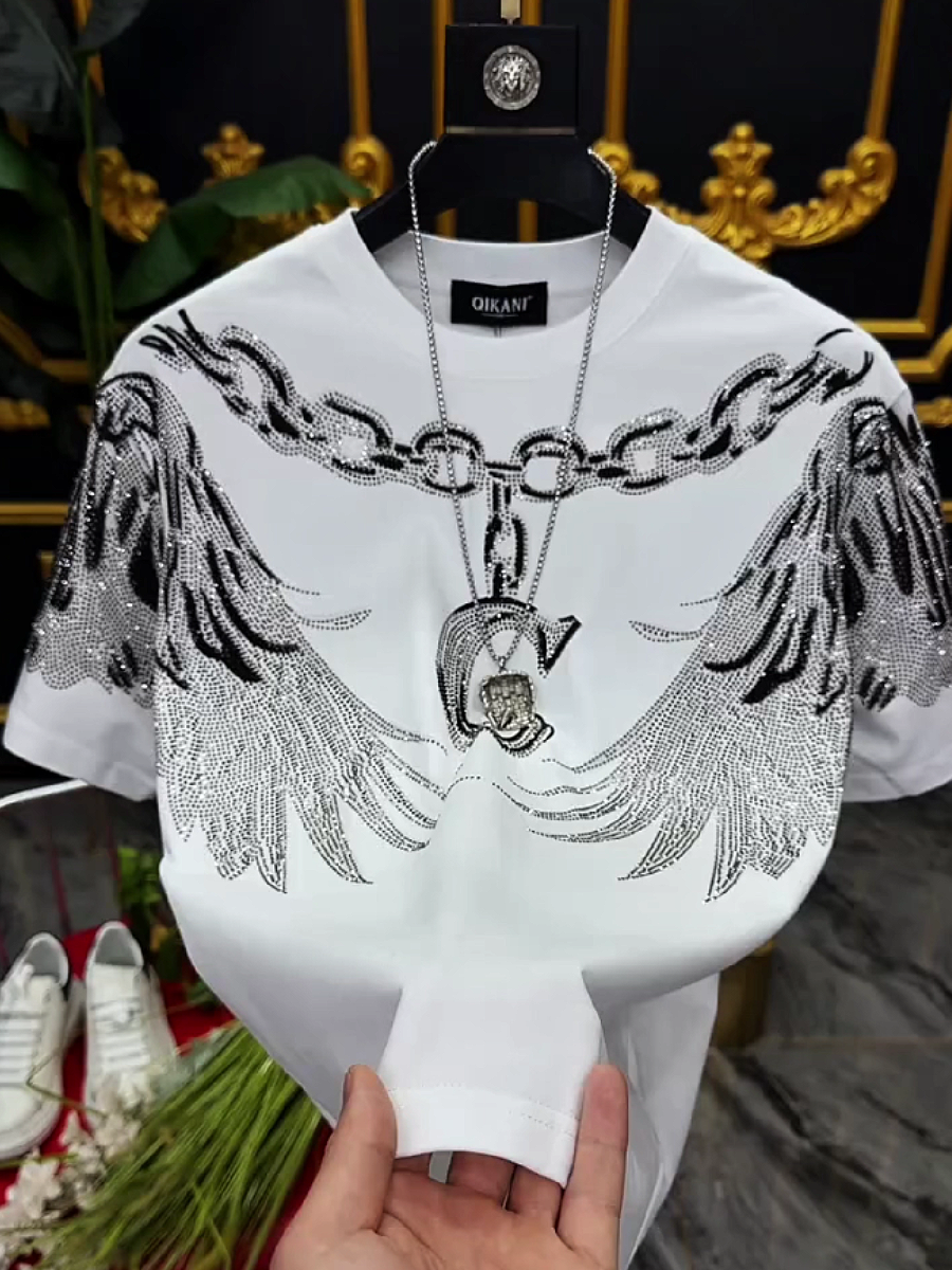Men's Rhinestone Wings Chain Graphic Crew Neck T-Shirt