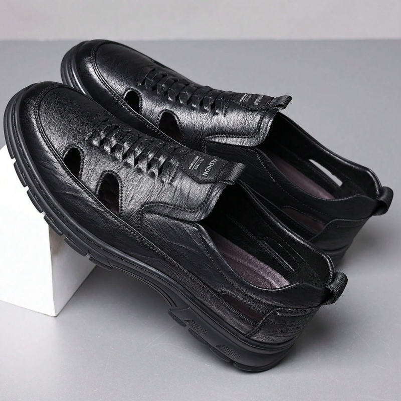 Leather Sandal Shoes with Breathable Cut-Out Design