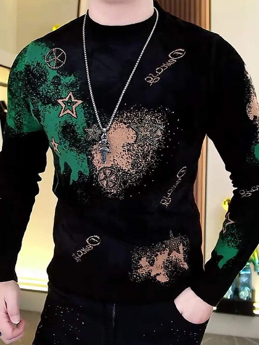 Glitter Graphic Print Knit Long Sleeve Shirt