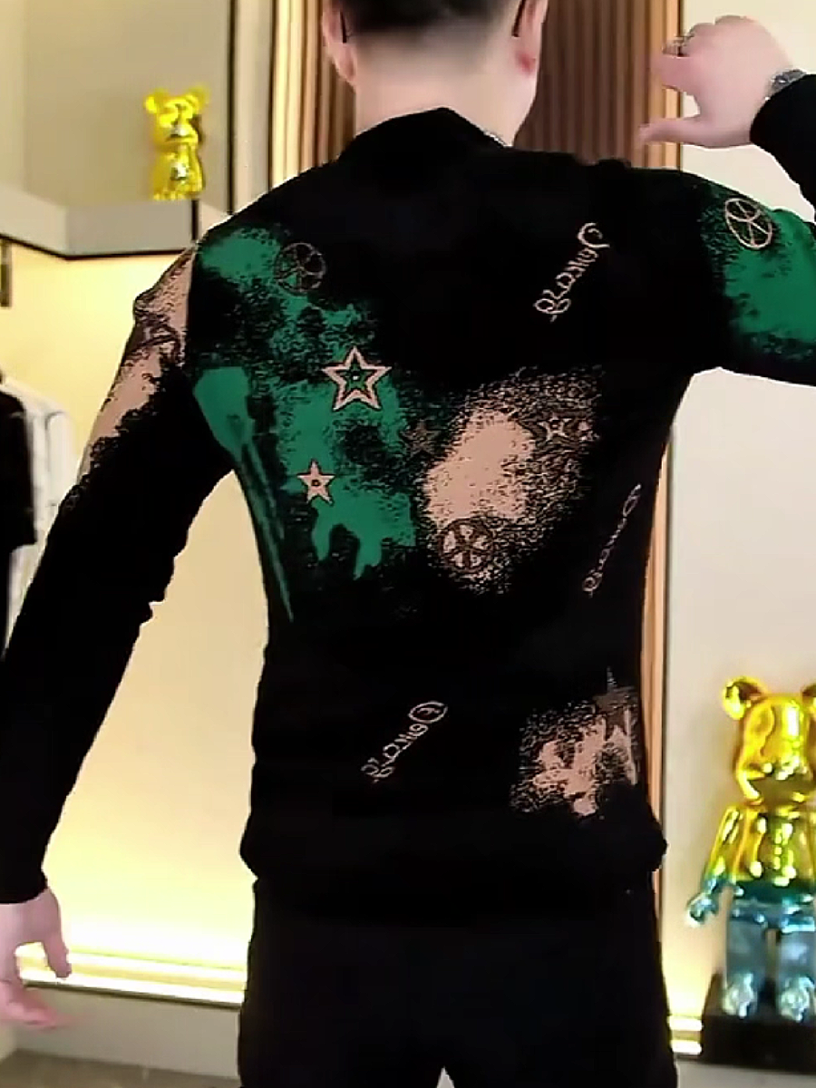 Glitter Graphic Print Knit Long Sleeve Shirt