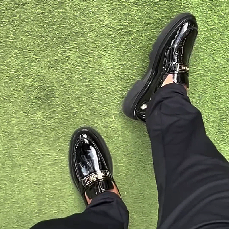 Men's Shiny Leather Loafers with Embossed Strap
