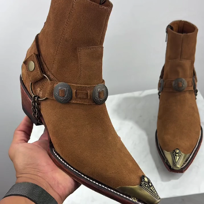 Men's Suede Boots with Metal Buckle Detailing