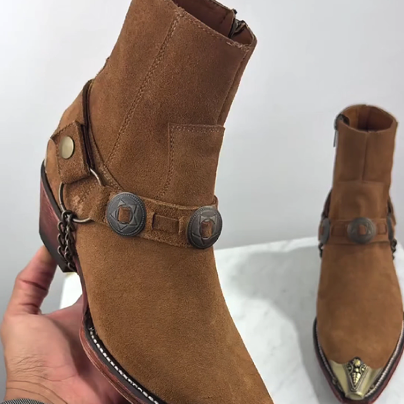 Men's Suede Boots with Metal Buckle Detailing