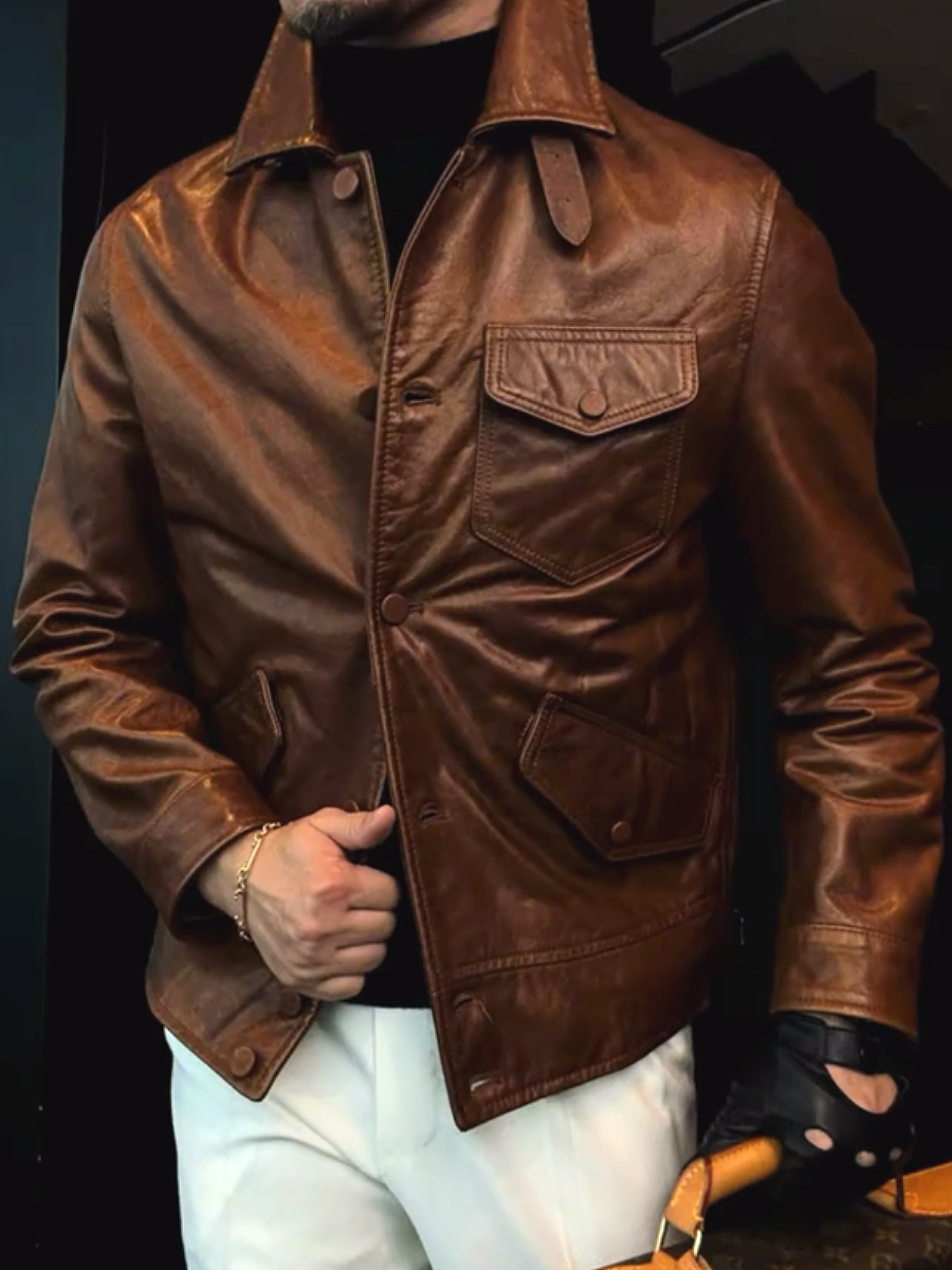Classic Buttoned Leather Jacket