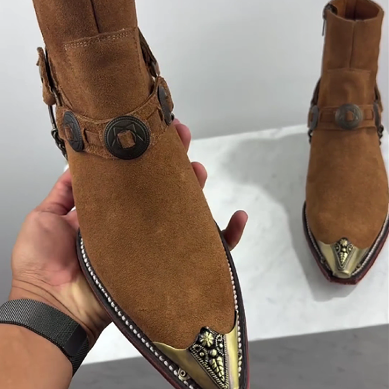 Men's Suede Boots with Metal Buckle Detailing
