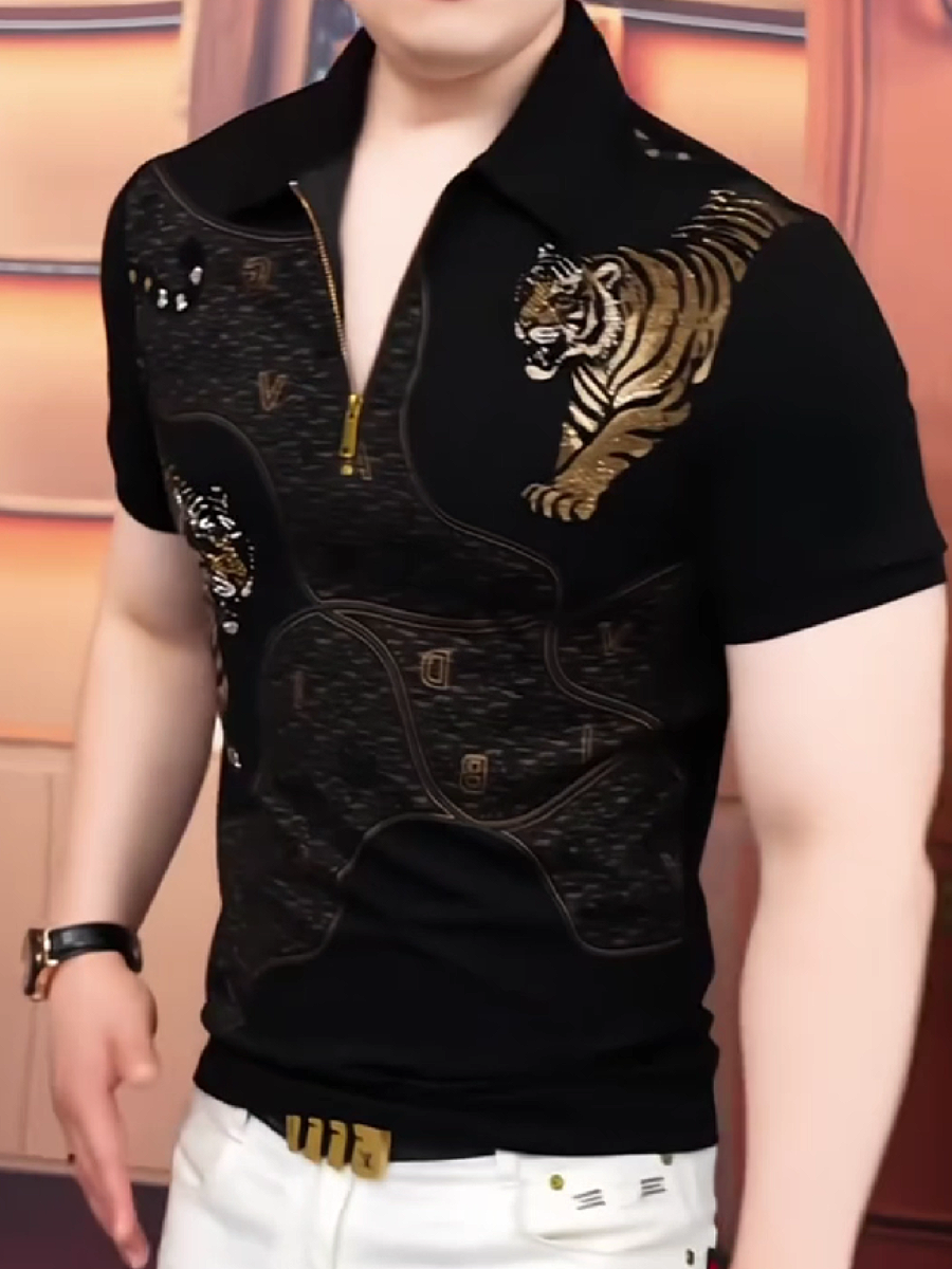Men's Half-Zip Tiger Embroidery Polo Shirt