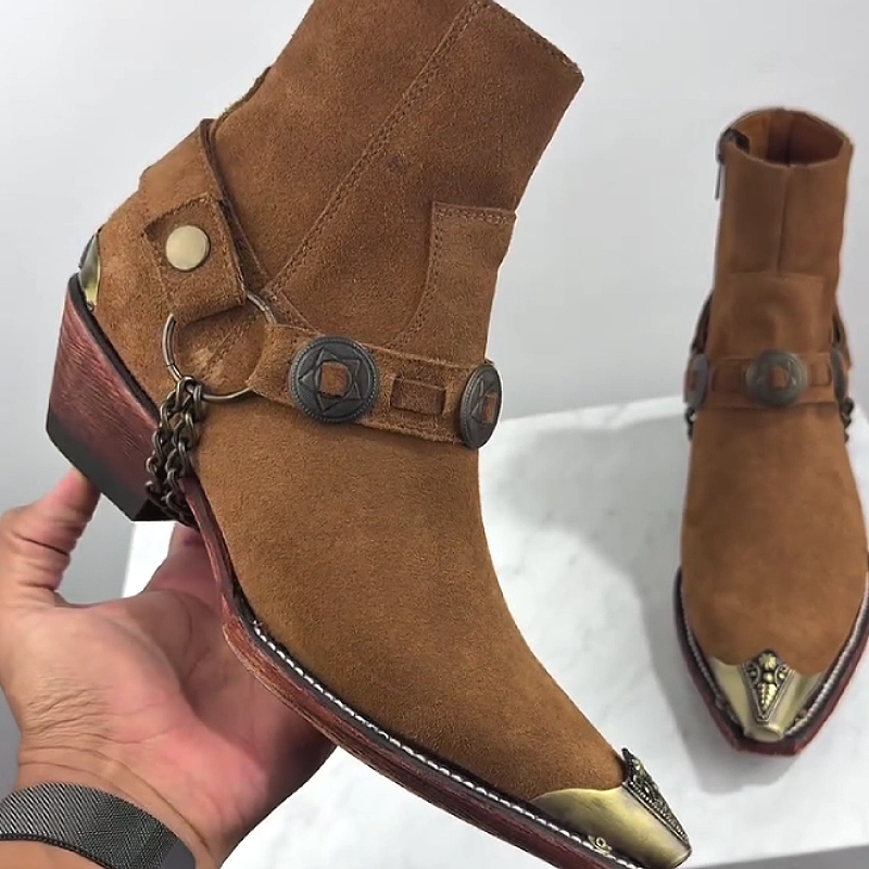 Men's Suede Boots with Metal Buckle Detailing