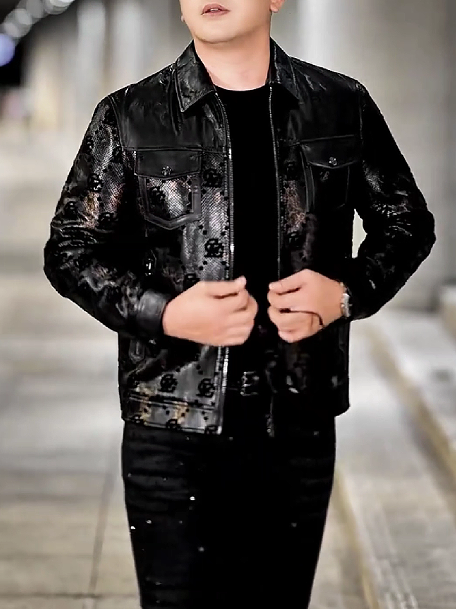 Patterned Mesh Panel Leather Jacket