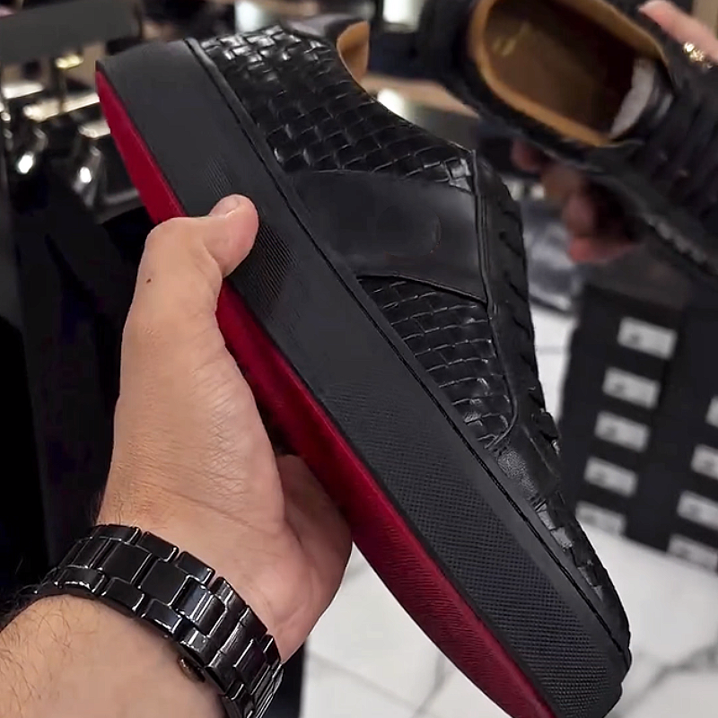 Men's Woven Leather Sneakers with Metal Accent