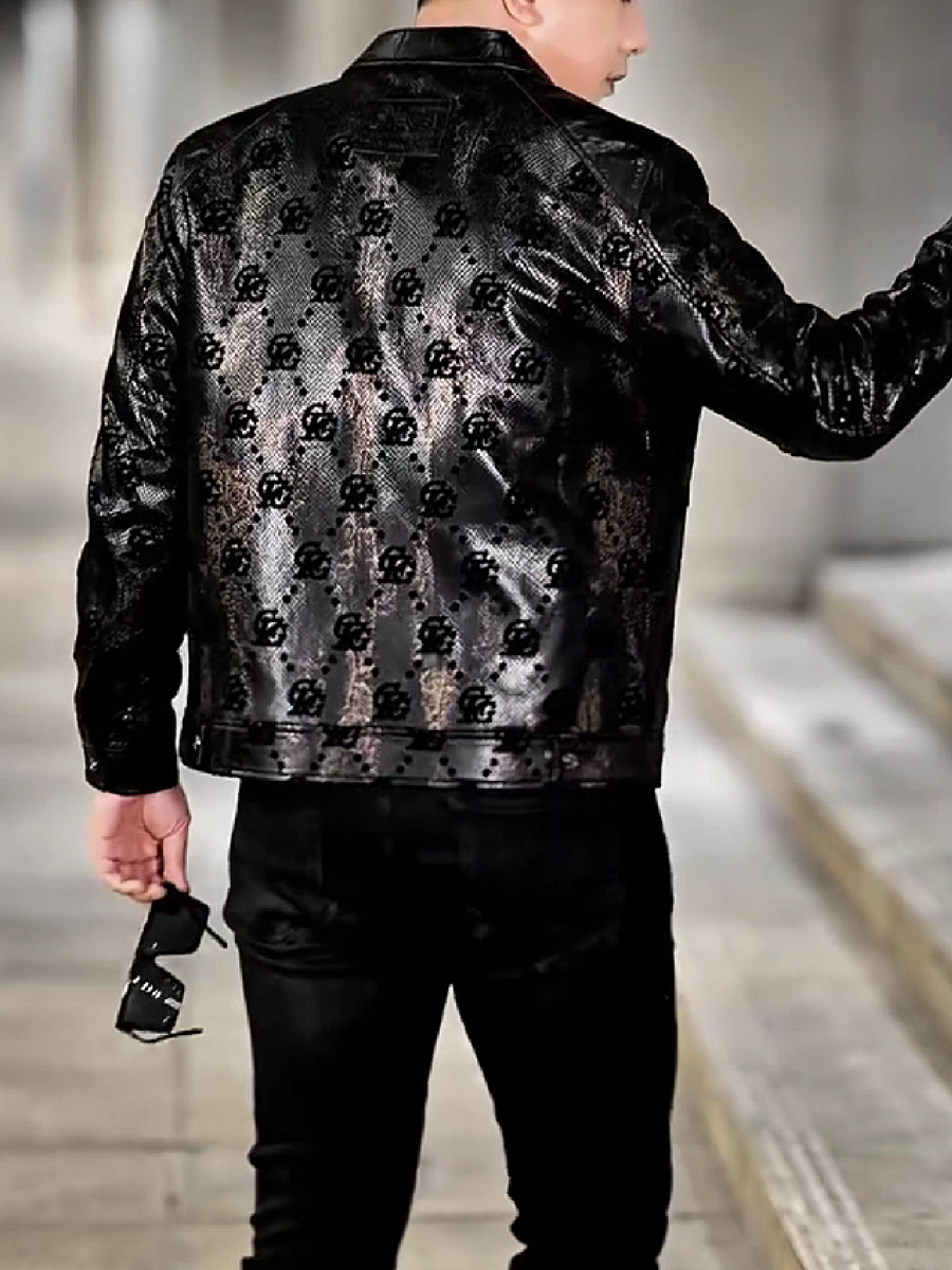 Patterned Mesh Panel Leather Jacket