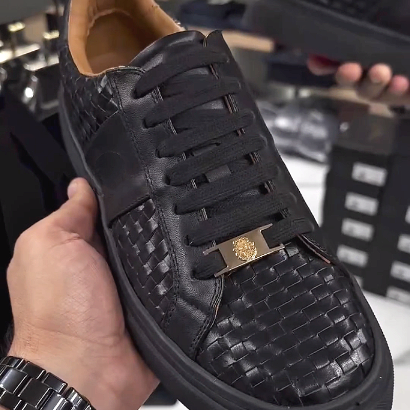 Men's Woven Leather Sneakers with Metal Accent