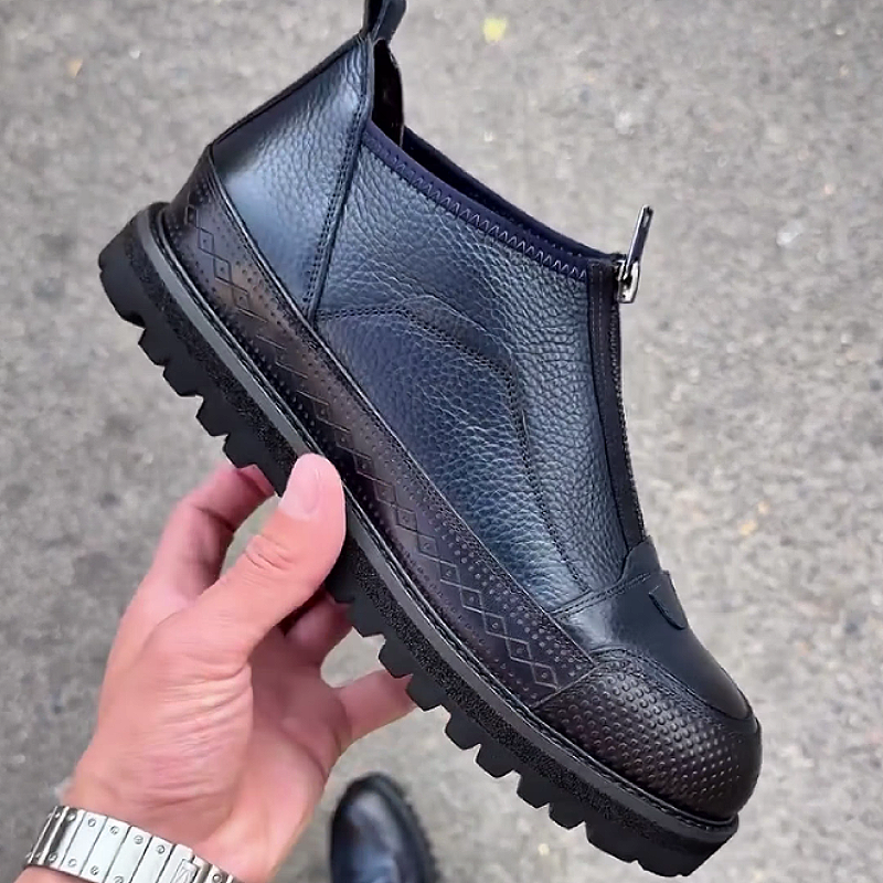 Men's Leather Boots with Side Zipper Closure