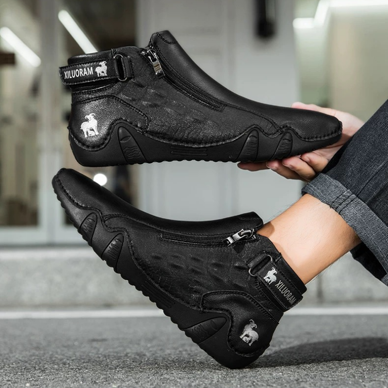 Men's Leather Zip-Up Ankle Boots with Textured Sole