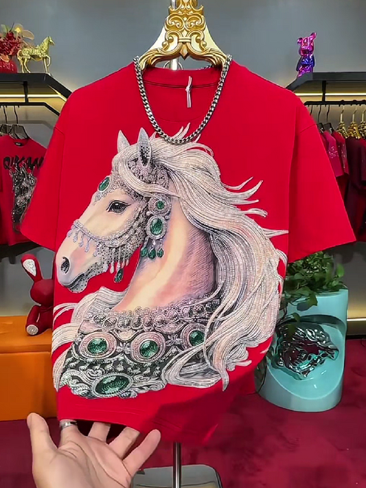 Men's Rhinestone Horse Head Graphic T-Shirt