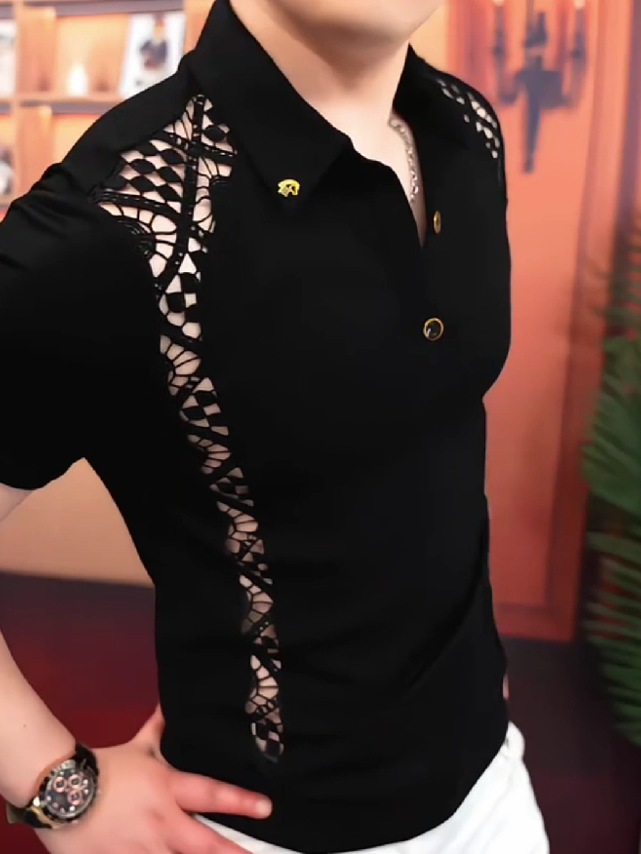 Men's Hollow Out Lace Panel Polo Shirt