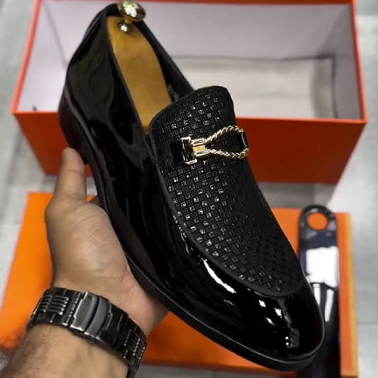 Men's Shiny Leather Slip-On Loafers with Buckle Strap