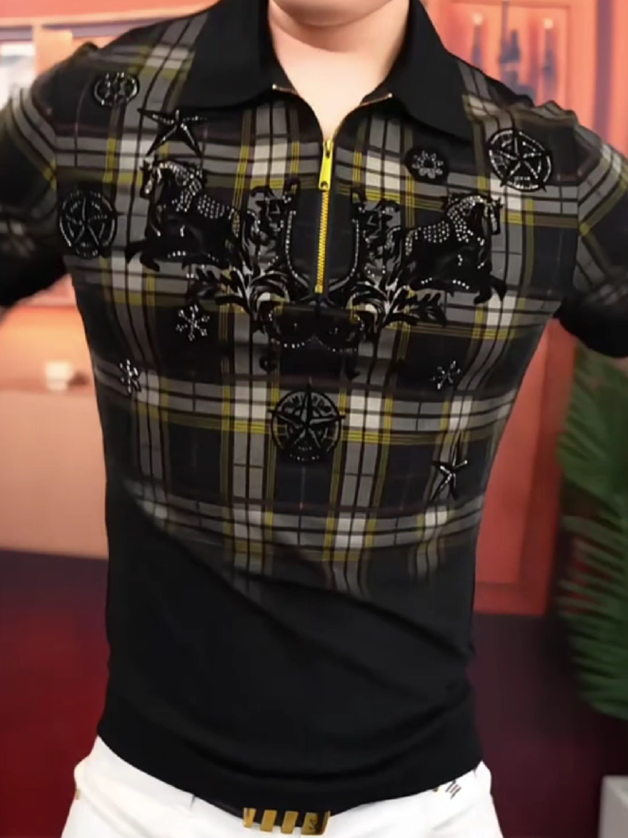 Men's Plaid Half-Zip Horse Graphic Polo Shirt